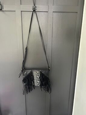 Black Fringe Crossbody Bag with Monochrome Aztec Panel
